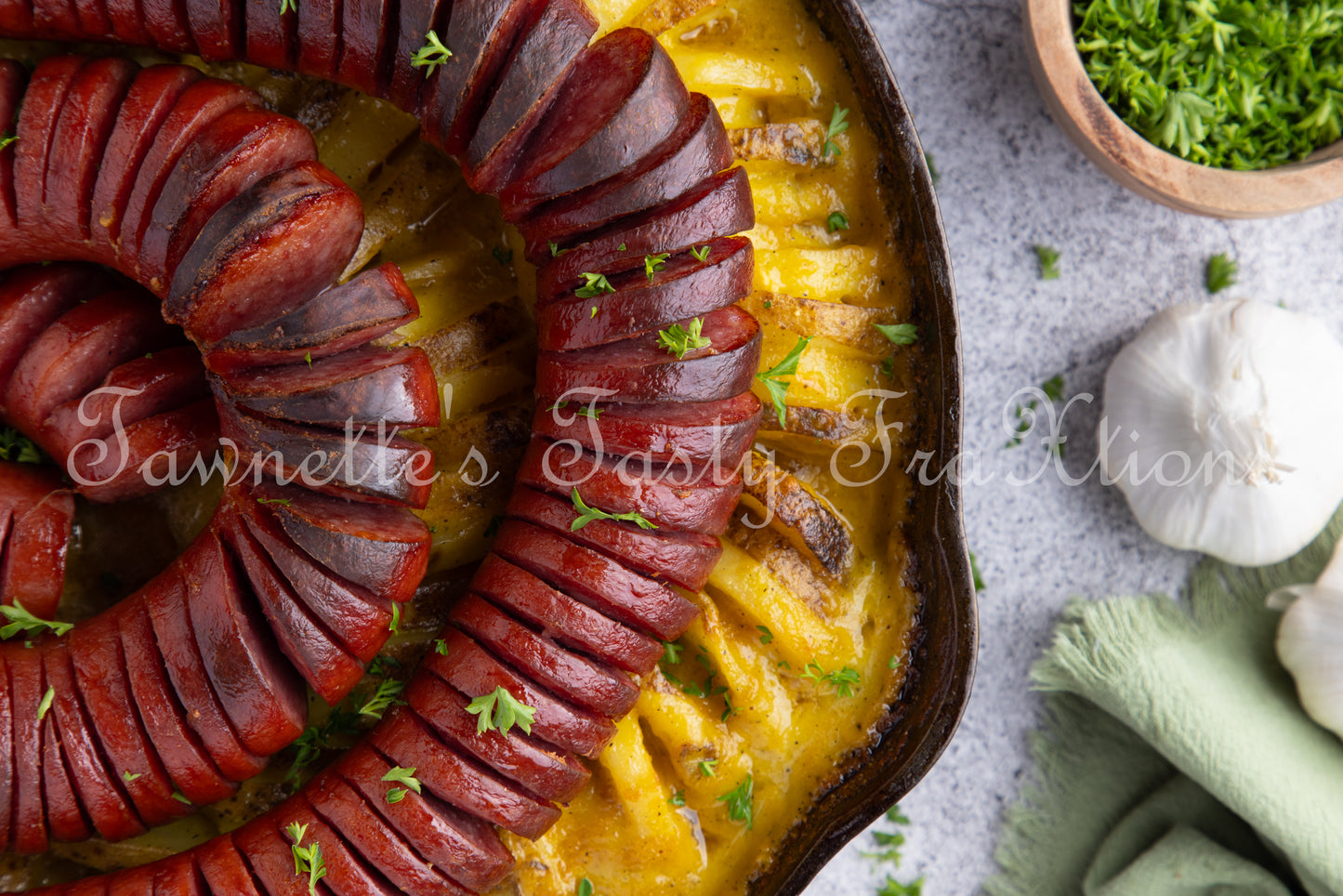 Cheesy Potatoes with Hasselback Smoked Sausage