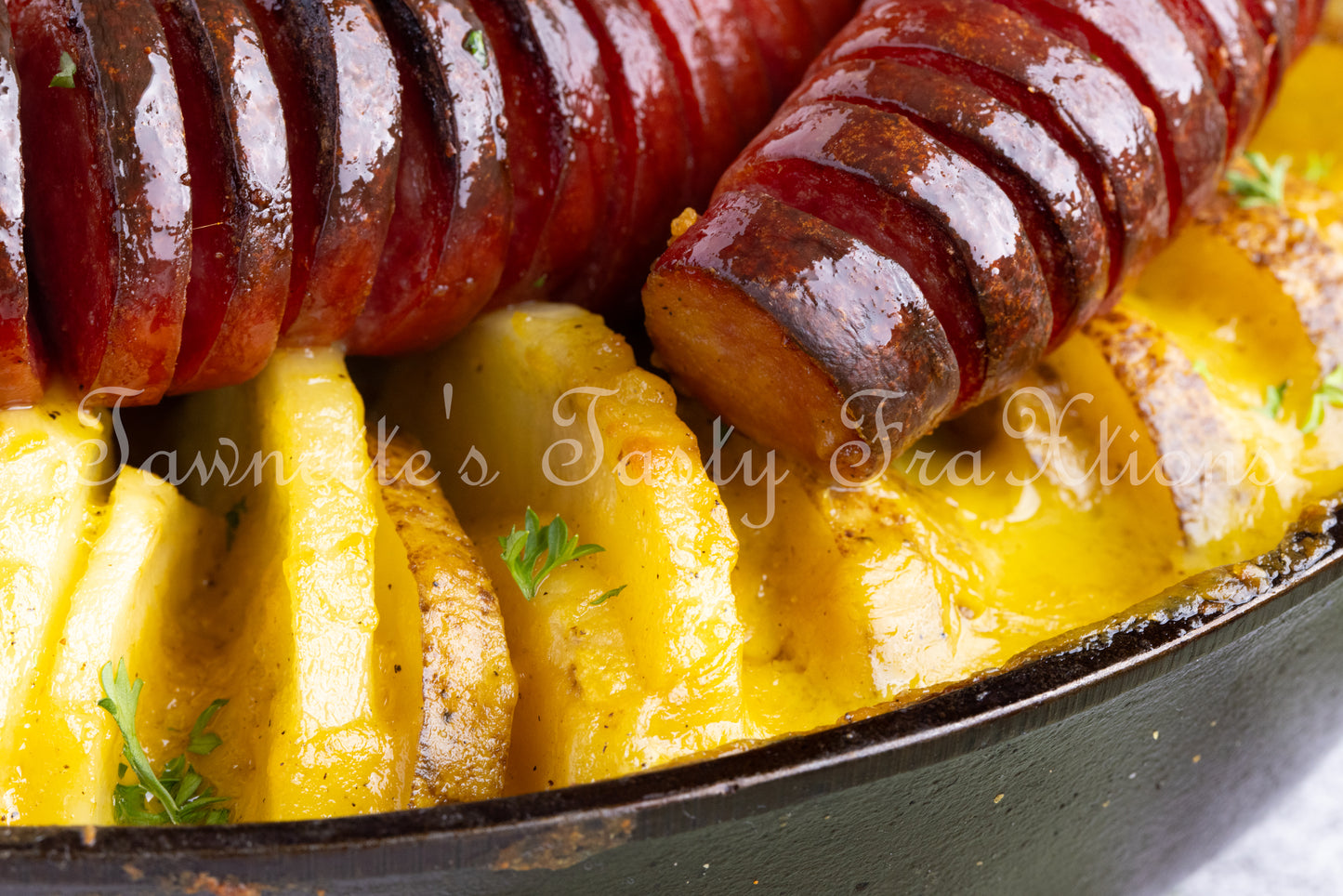 Cheesy Potatoes with Hasselback Smoked Sausage
