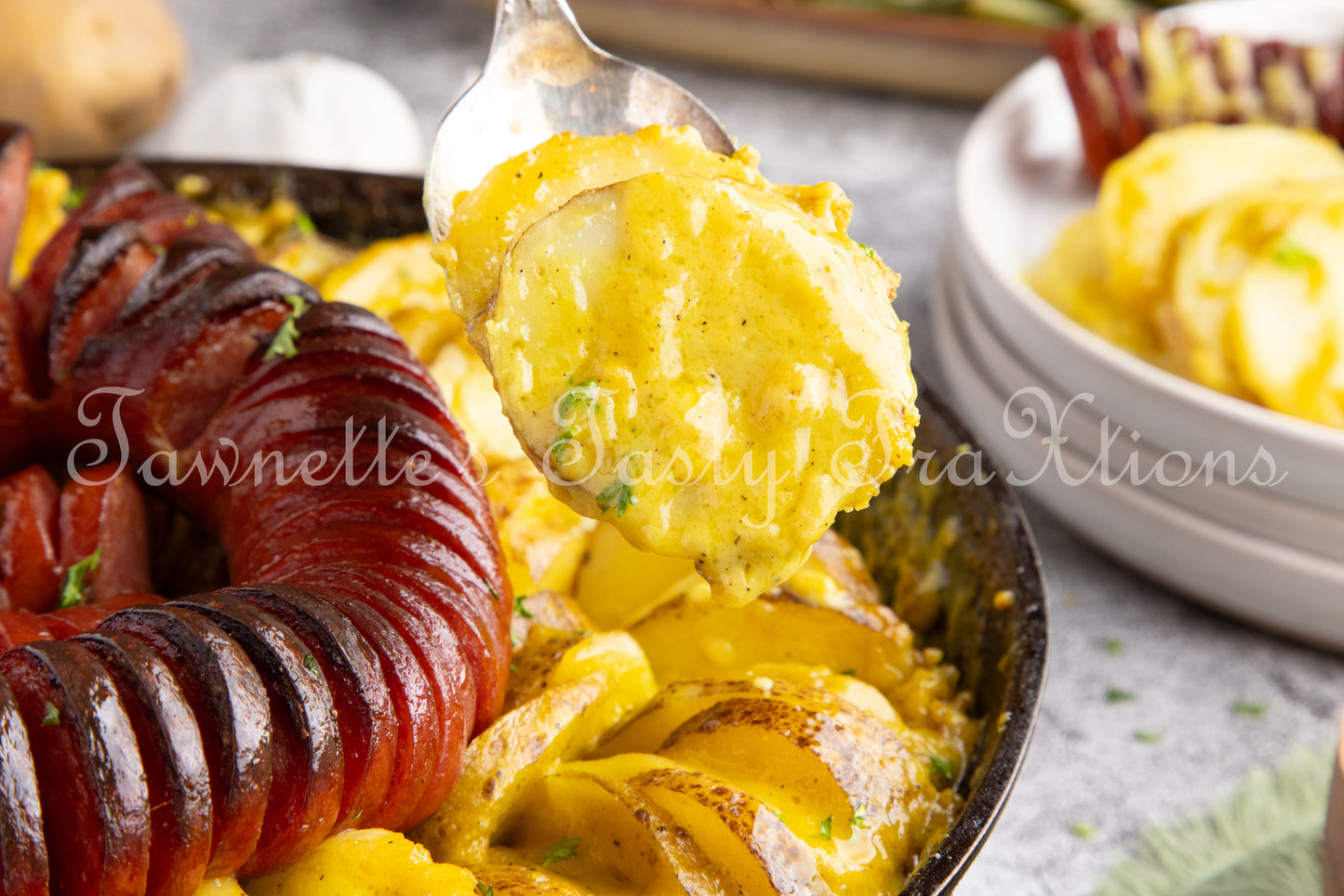 Cheesy Potatoes with Hasselback Smoked Sausage