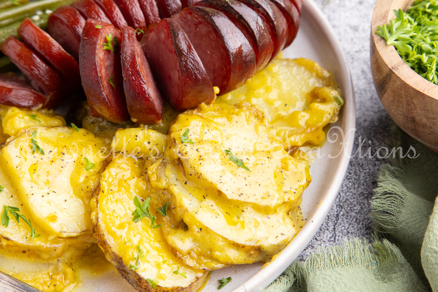 Cheesy Potatoes with Hasselback Smoked Sausage