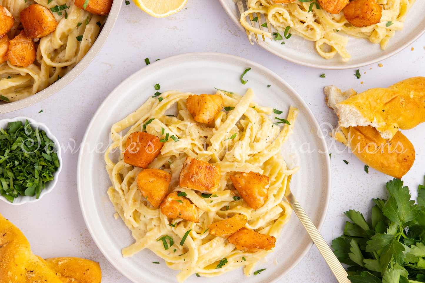 Garlic Salmon Bites with Fettuccini Alfredo