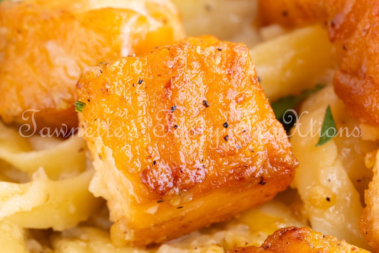 Garlic Salmon Bites with Fettuccini Alfredo