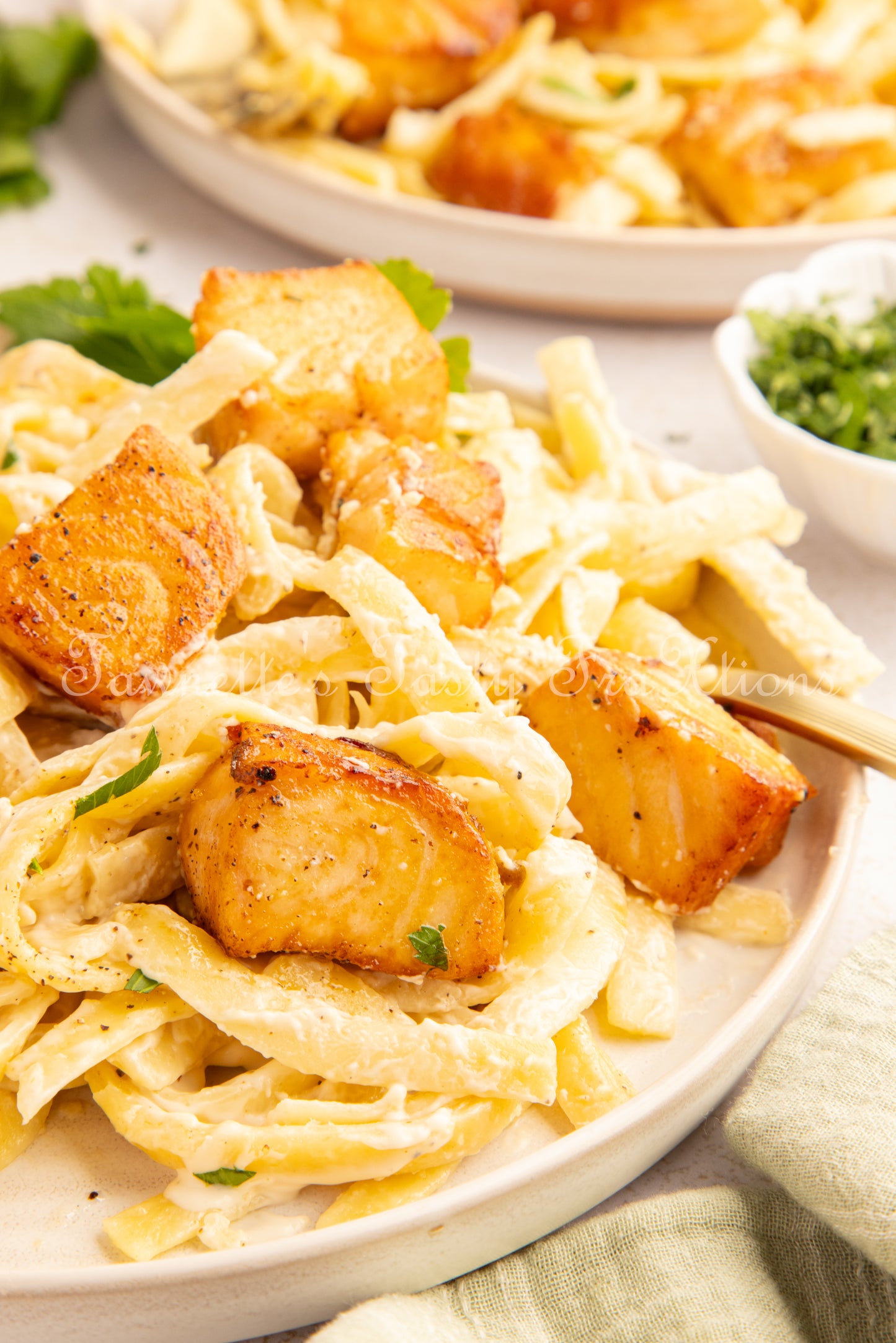 Garlic Salmon Bites with Fettuccini Alfredo