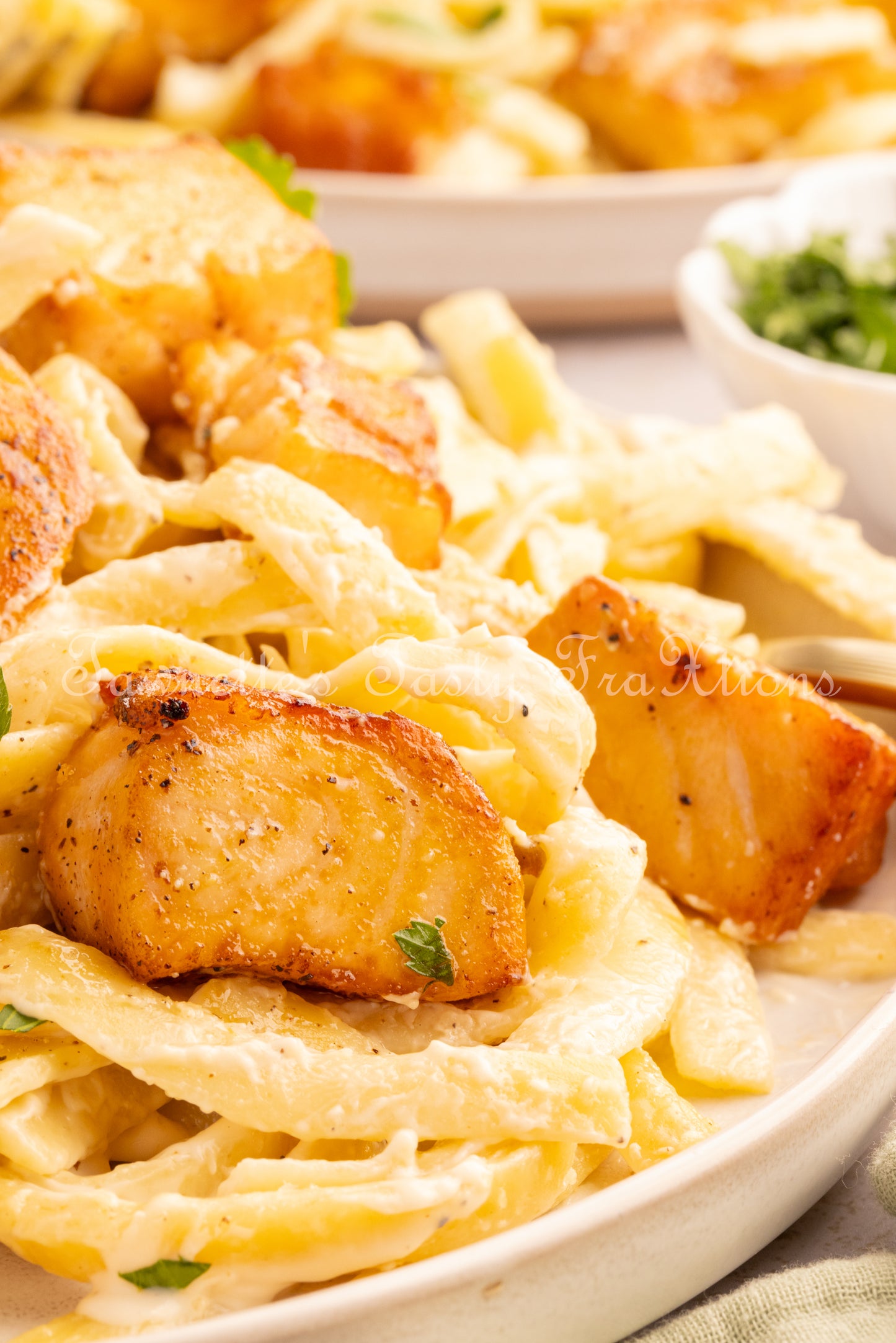 Garlic Salmon Bites with Fettuccini Alfredo