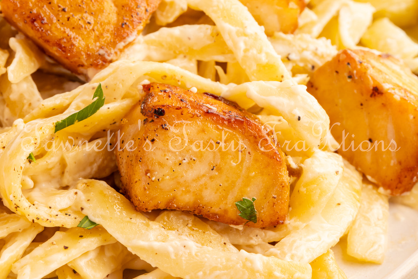 Garlic Salmon Bites with Fettuccini Alfredo