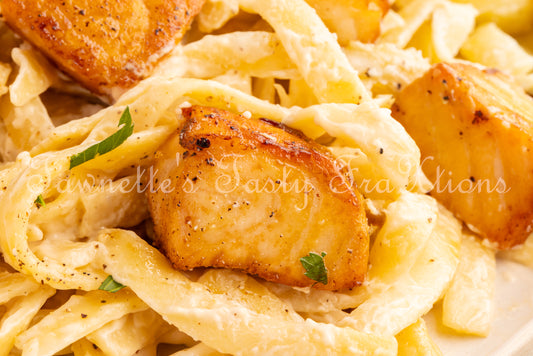 Garlic Salmon Bites with Fettuccini Alfredo