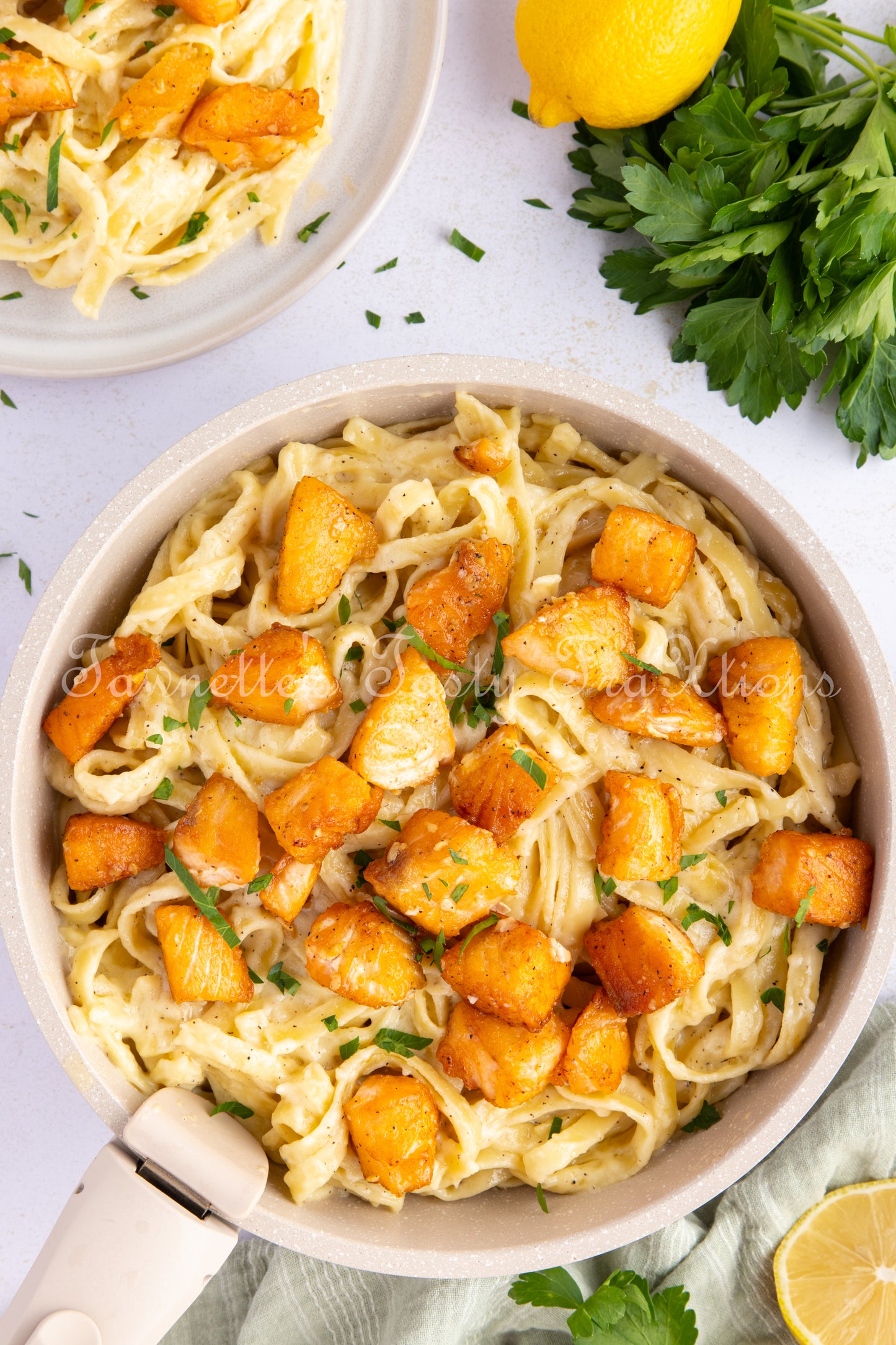 Garlic Salmon Bites with Fettuccini Alfredo