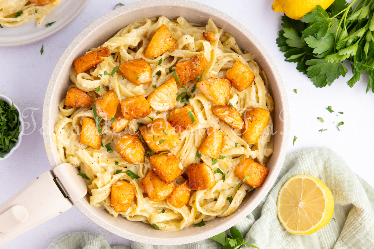 Garlic Salmon Bites with Fettuccini Alfredo