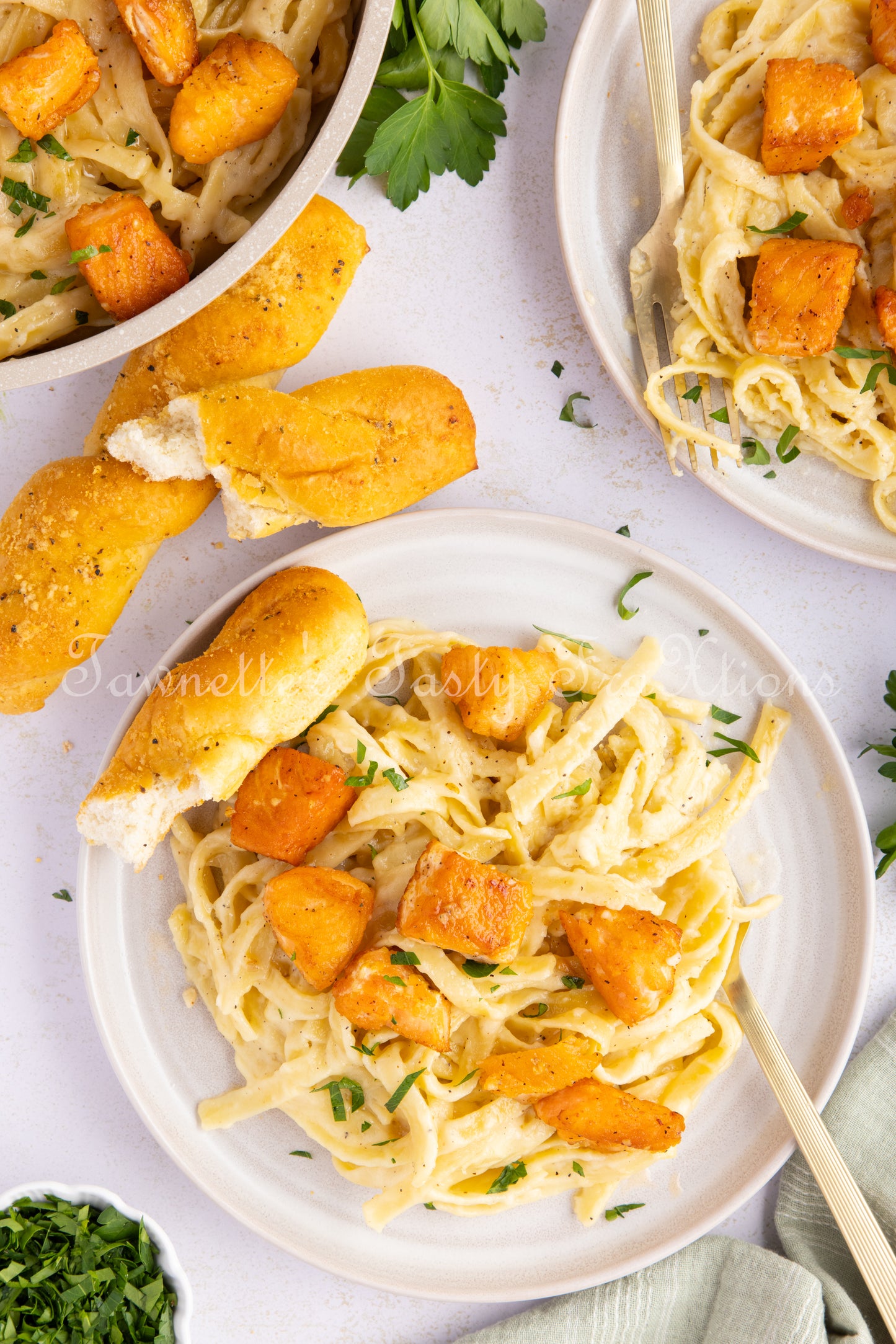 Garlic Salmon Bites with Fettuccini Alfredo