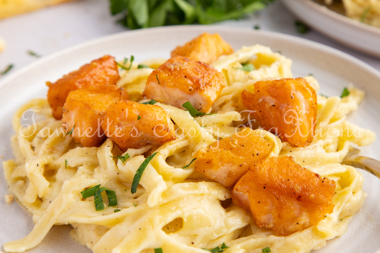 Garlic Salmon Bites with Fettuccini Alfredo