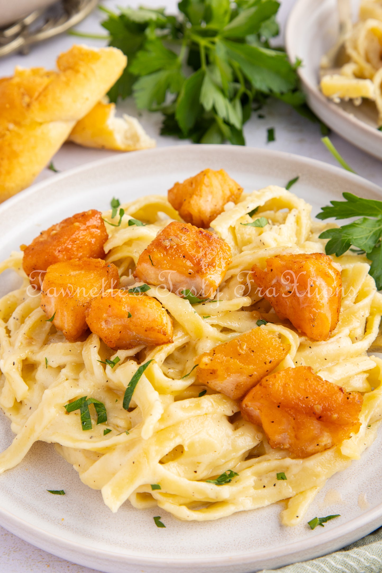 Garlic Salmon Bites with Fettuccini Alfredo