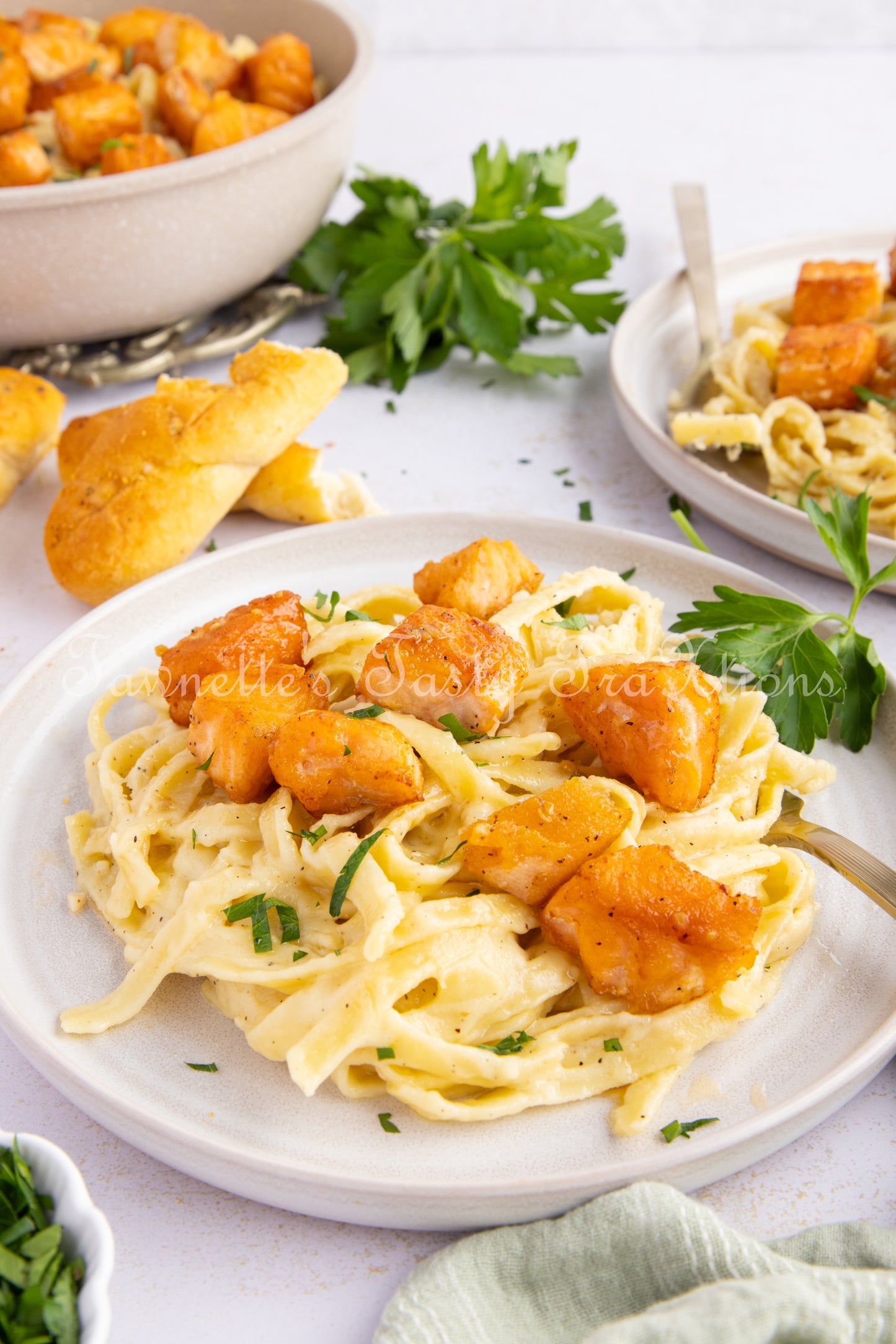 Garlic Salmon Bites with Fettuccini Alfredo